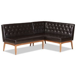 Baxton Studio Riordan Mid-Century Modern Dark Brown Faux Leather Upholstered and Walnut Brown Finished Wood 2-Piece Dining Nook Banquette Set